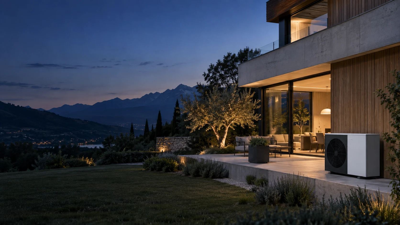 Illustration photoréaliste d’une maison contemporaine équipée d’une pompe à chaleur, au crépuscule
