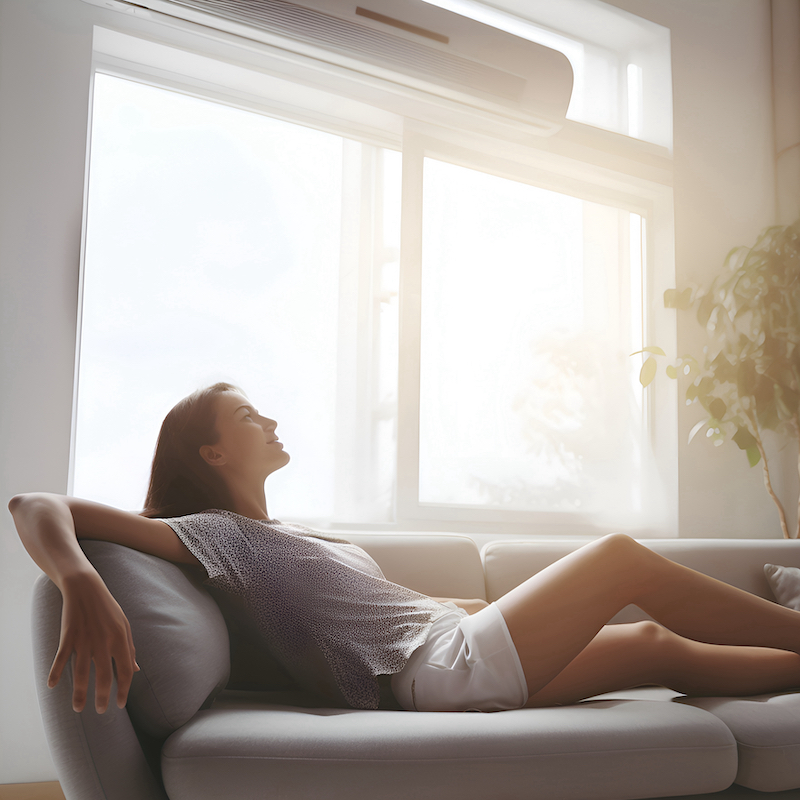 Beautiful young woman relaxing on the sofa at home. looking out the window
